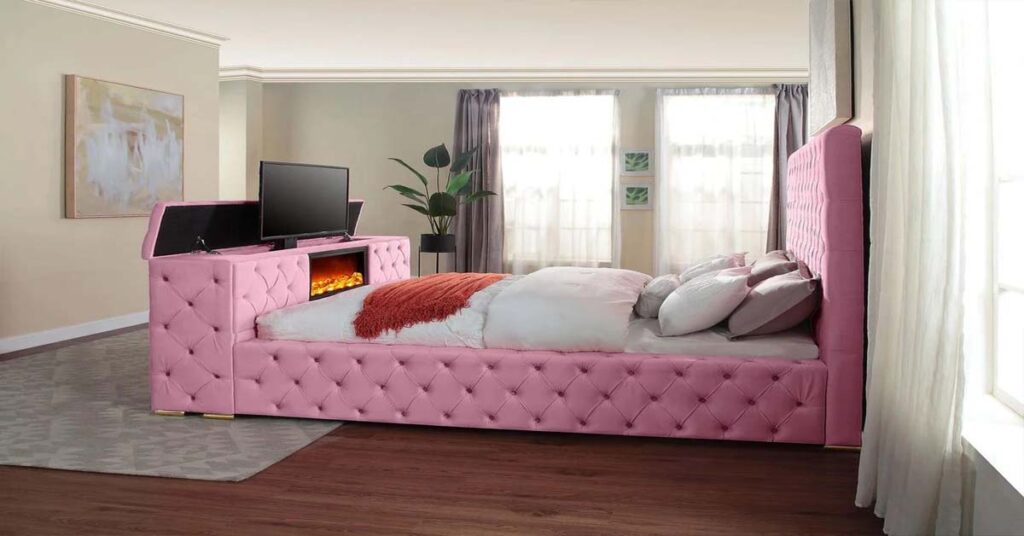 bed frame with tv mount and fireplace